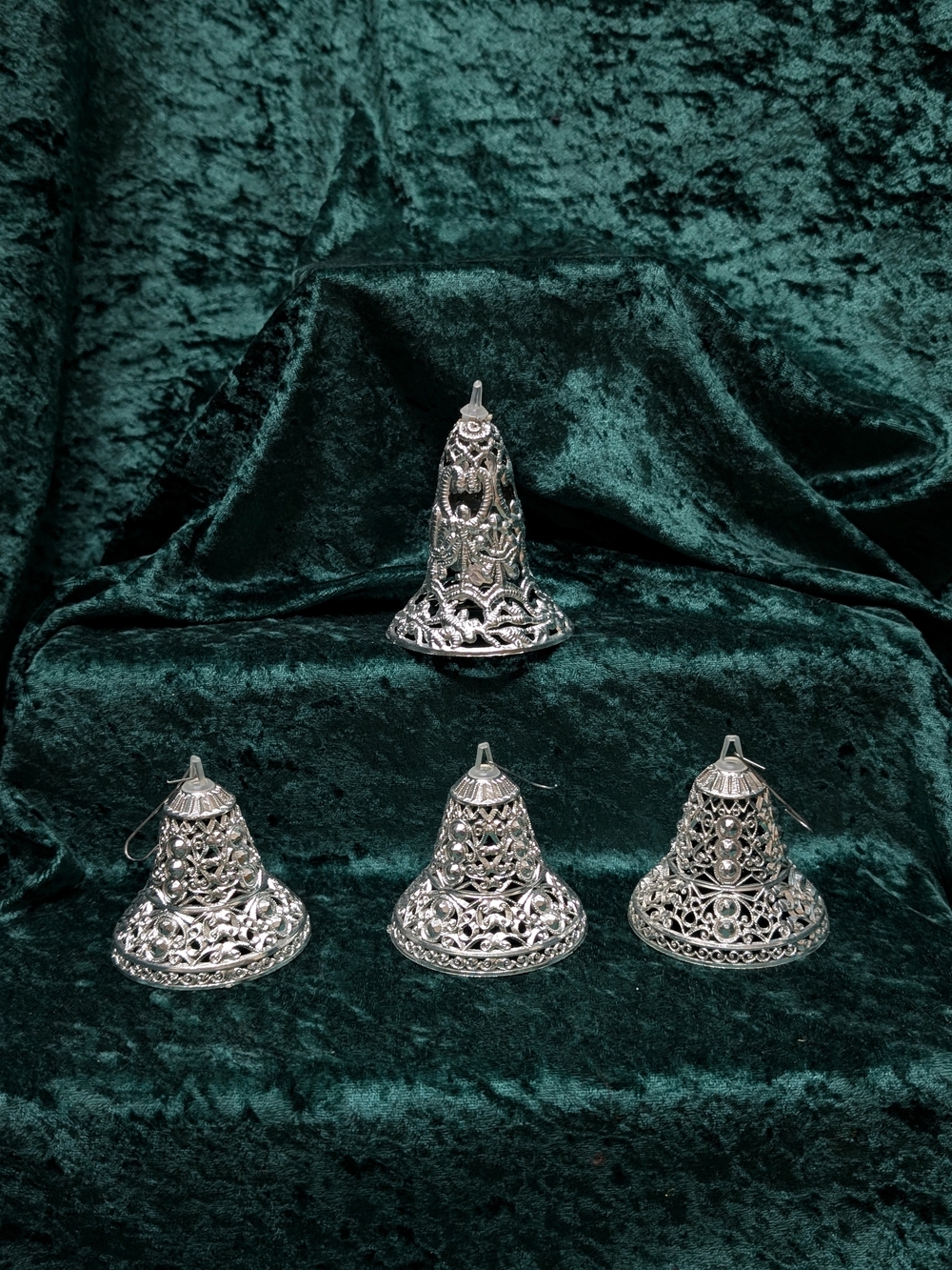 Vintage Plastic Silver Filigree Bell/ Lantern Christmas Tree Ornament Set of 4